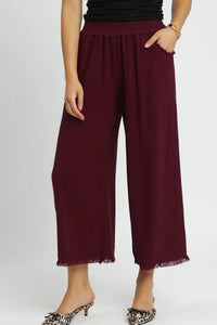 Cropped Linen Frayed Hem Pants | Merlot