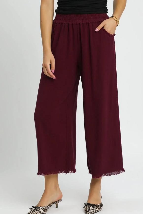Cropped Linen Frayed Hem Pants | Merlot