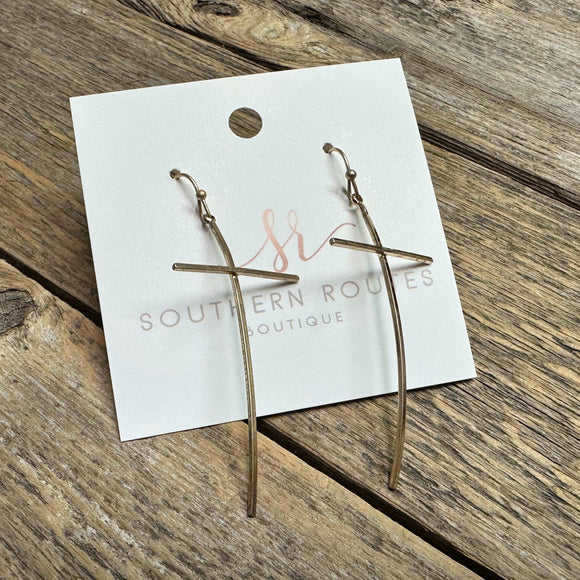 Curved Metal Cross Earrings | Gold