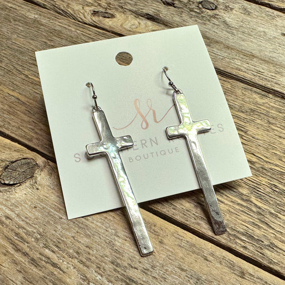 Hammered Metal Cross Earrings | Silver