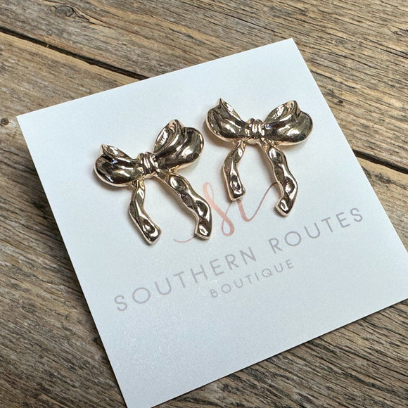 Ribbon Bow Stud Earrings | Gold