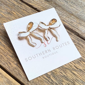 Ribbon Bow Long Stud Earrings | White/Gold