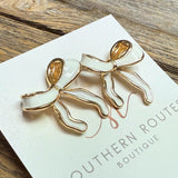 Ribbon Bow Long Stud Earrings | White/Gold