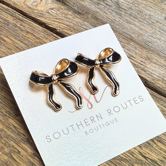 Ribbon Bow Long Stud Earrings | Black/Gold