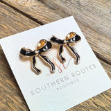 Ribbon Bow Long Stud Earrings | Black/Gold