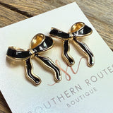 Ribbon Bow Long Stud Earrings | Black/Gold