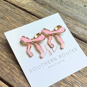 Ribbon Bow Long Stud Earrings | Pink/Gold
