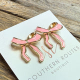 Ribbon Bow Long Stud Earrings | Pink/Gold