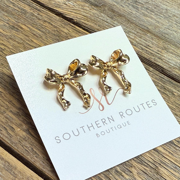 Ribbon Bow Long Stud Earrings | Gold