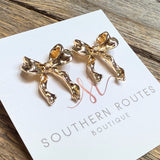 Ribbon Bow Long Stud Earrings | Gold