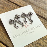 Ribbon Bow Long Stud Earrings | Silver