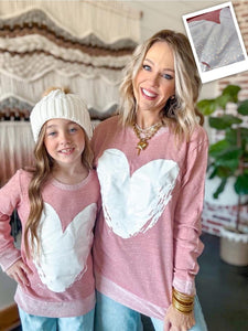 *Youth & Adult Sizes! Glitter Heart French Terry Sweater Top | Pink