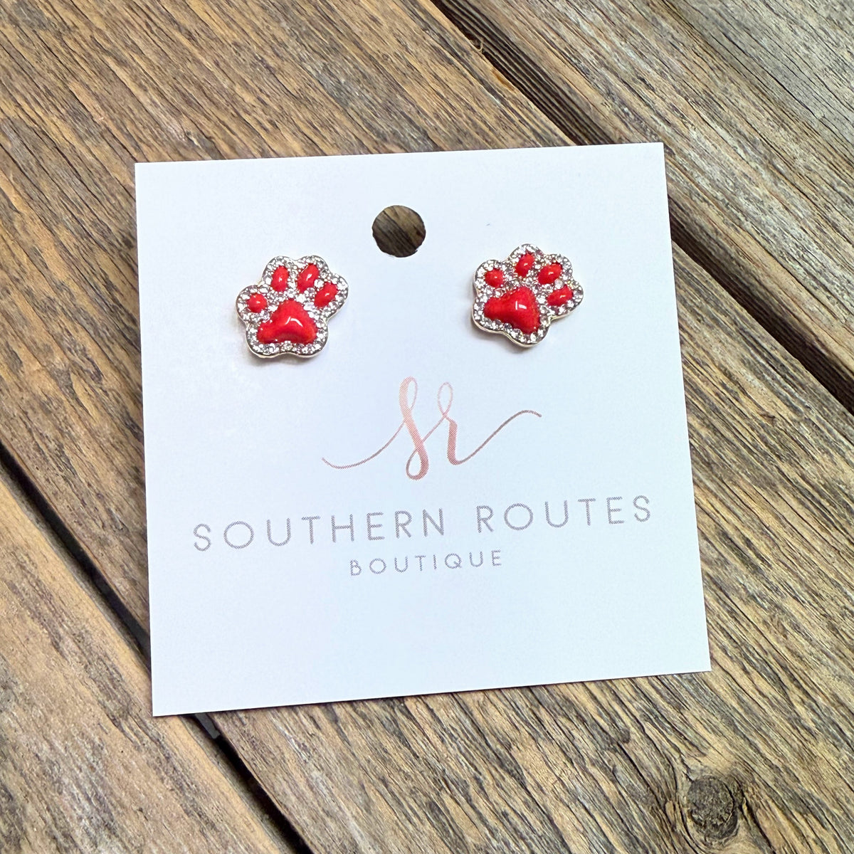 Cougar Paw Stud Earrings | Red/Crystal/Gold