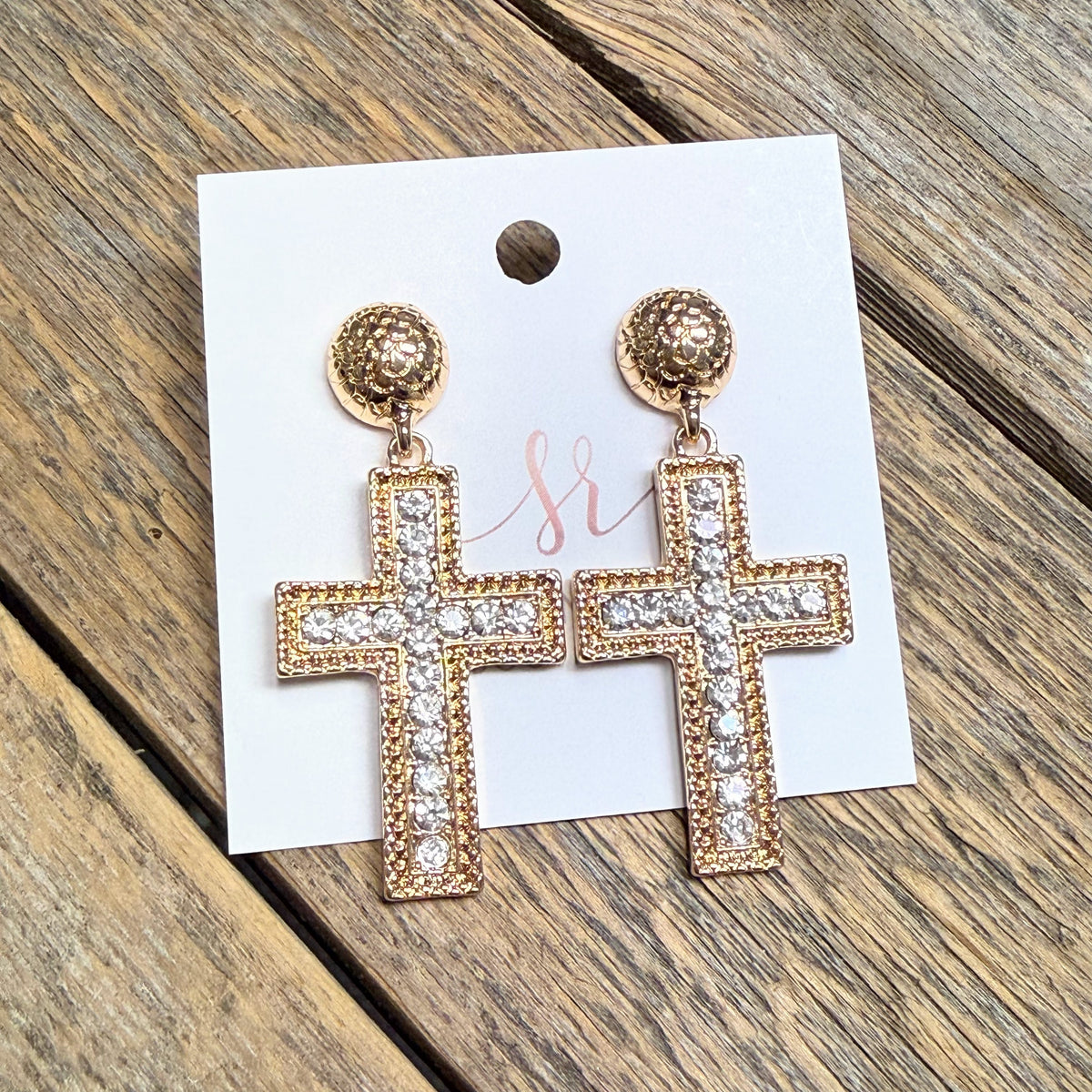 Rhinestone Cross Earrings | Gold