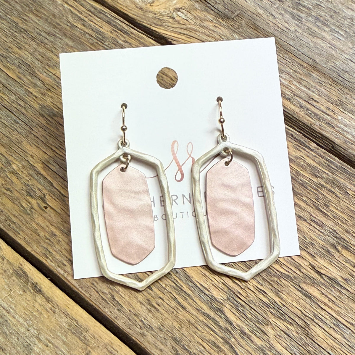 Satin Hexagon Metal Earrings | Beige