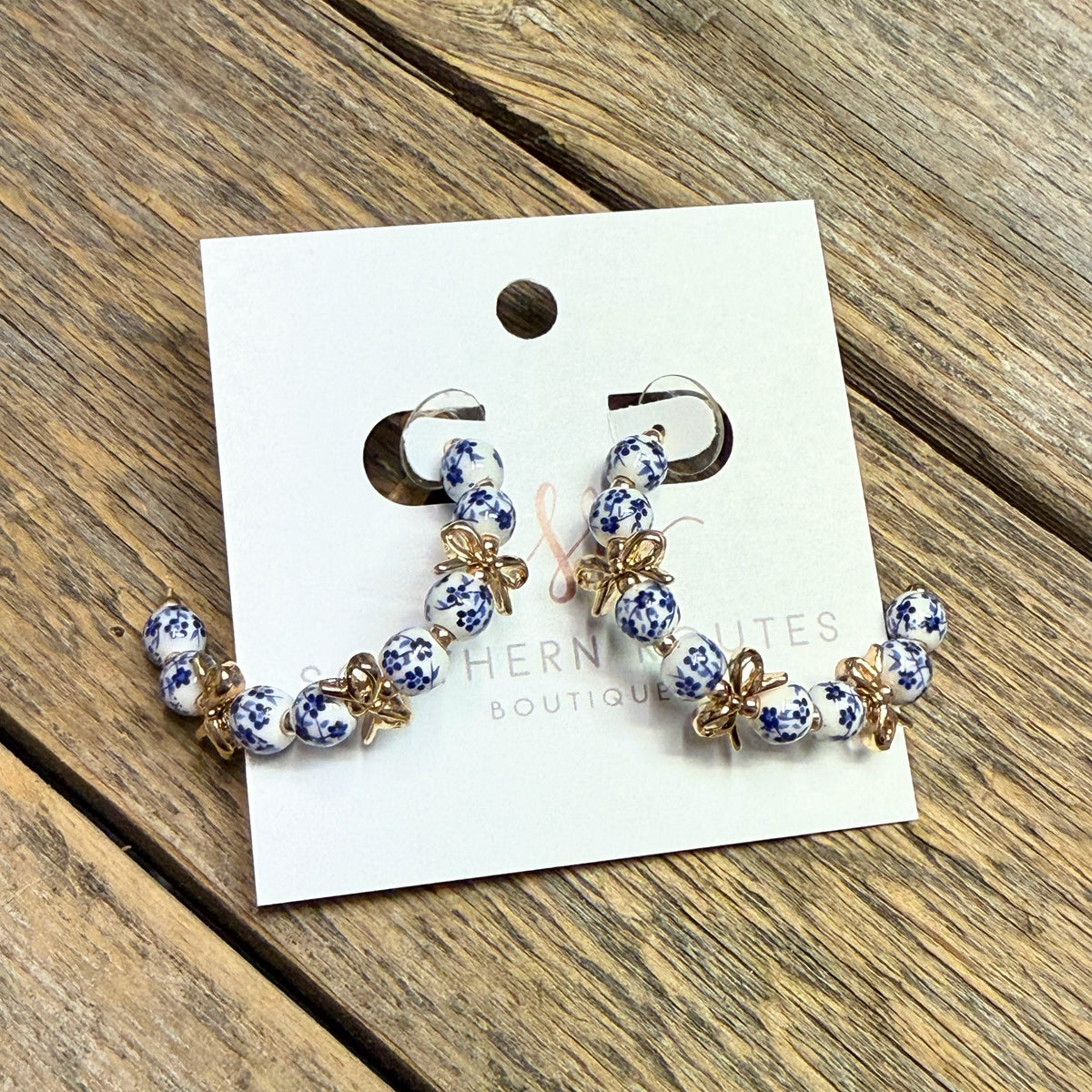 Bow Floral Bead Hoop Earrings | Blue