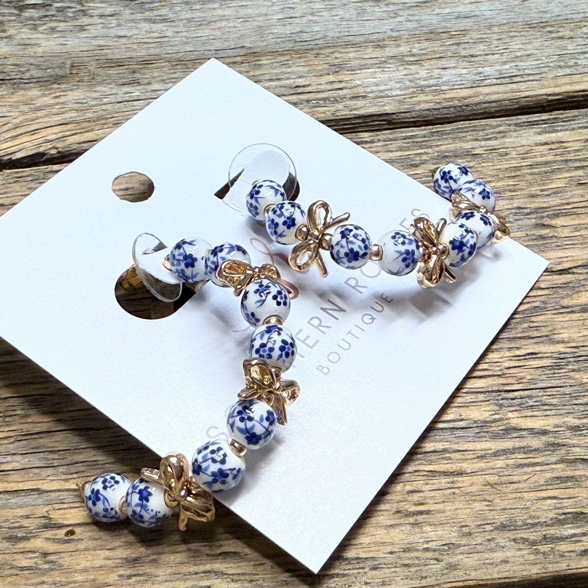 Bow Floral Bead Hoop Earrings | Blue