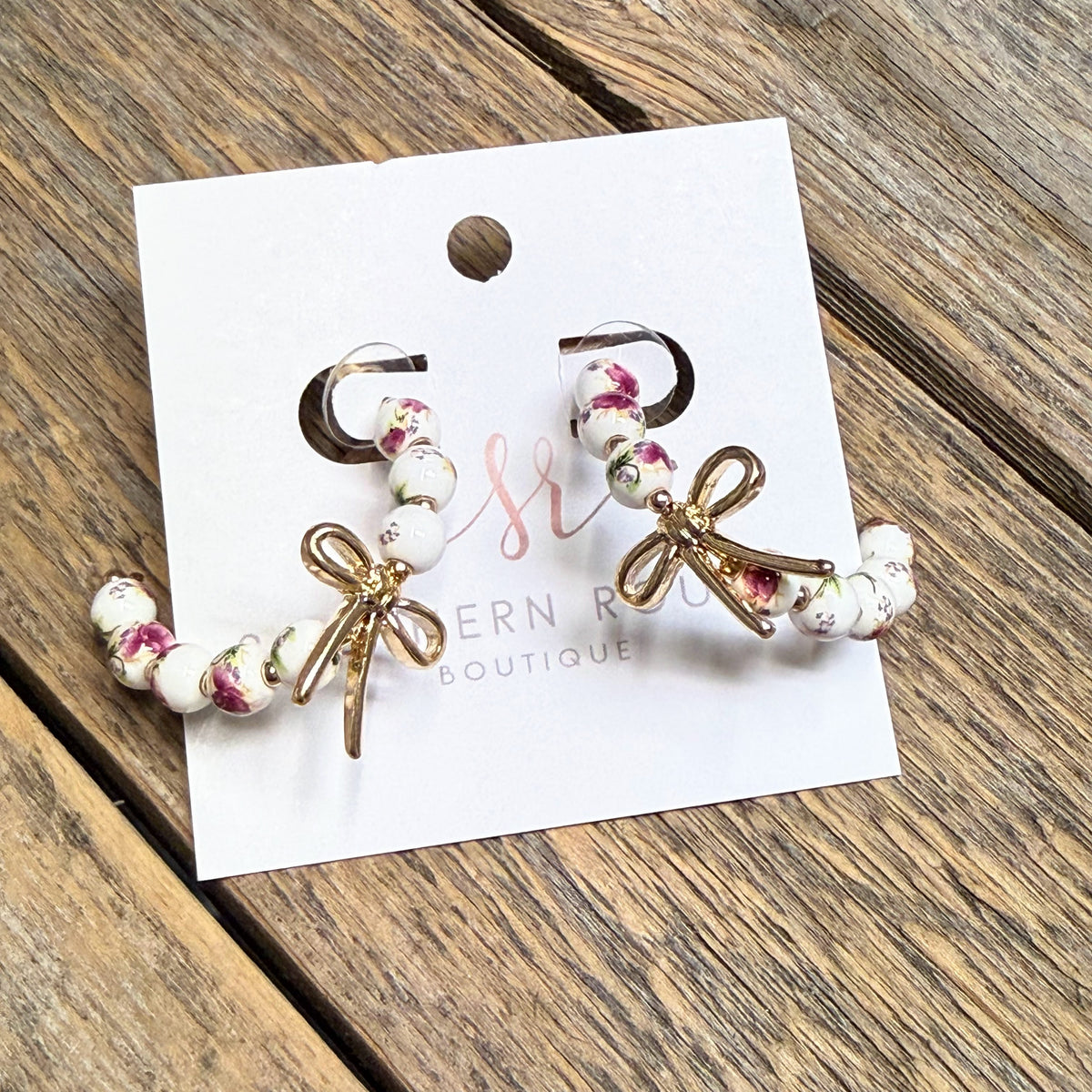 Bow Floral Bead Hoop Earrings | Mauve
