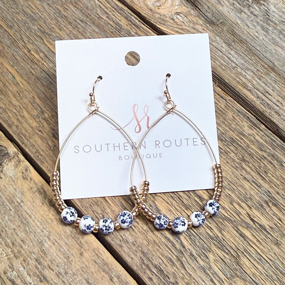 Teardrop Ornate Floral Bead Earrings | Blue