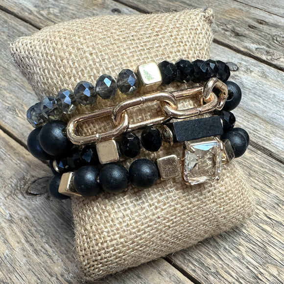 Wood Beaded Chain Stretch Bracelet Set | Black