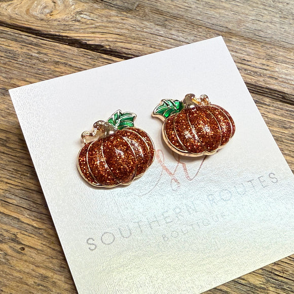 Glitter Pumpkin Stud Earrings | Orange/Gold