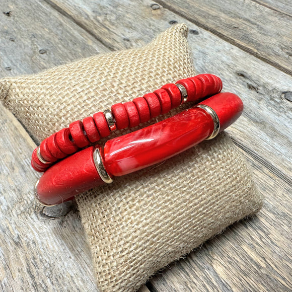 Acrylic+Wood Beaded Bracelet Set | Red