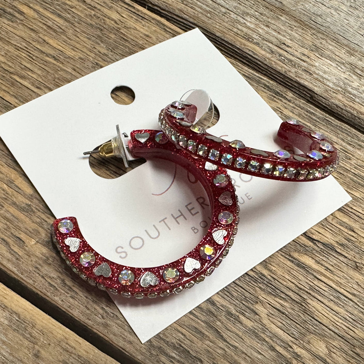 Rhinestone Stud Hoop Heart Earrings | Red