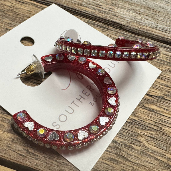 Rhinestone Stud Hoop Heart Earrings | Red