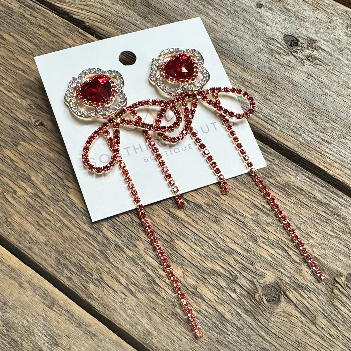 Rhinestone Rose Bow Tassel Earrings | Red