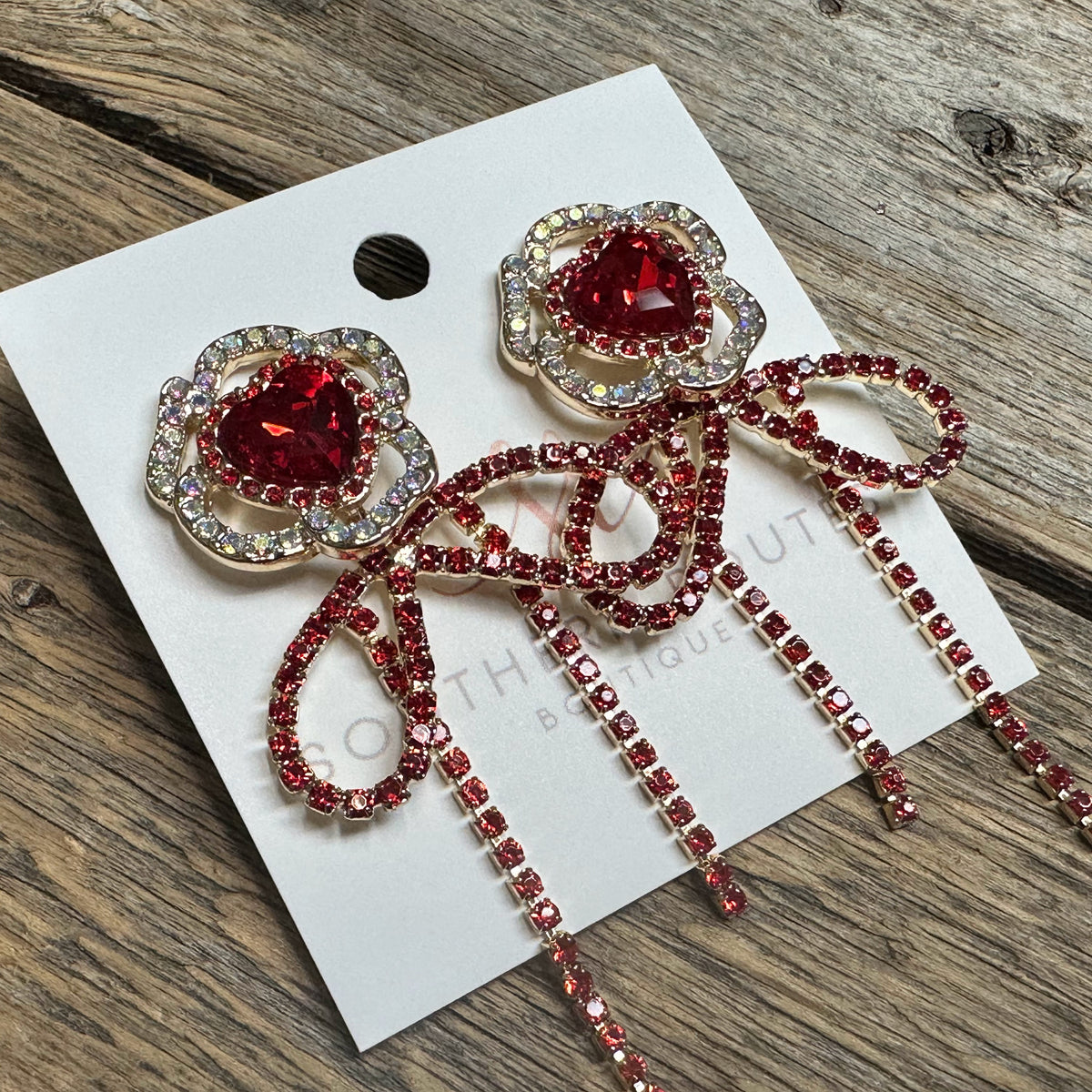 Rhinestone Rose Bow Tassel Earrings | Red