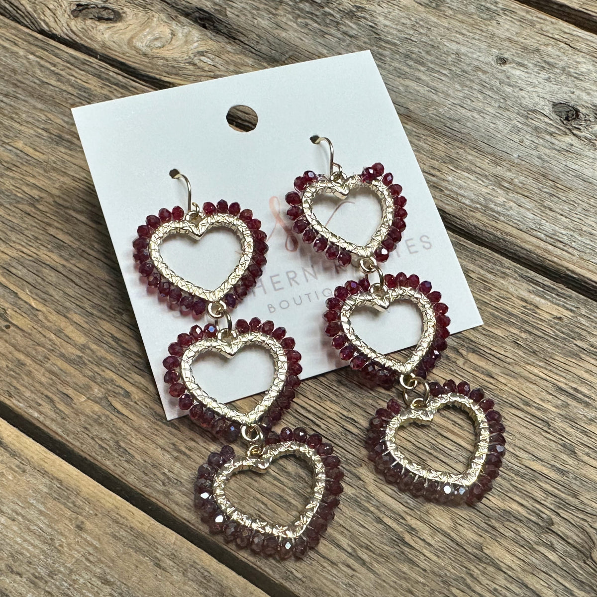 Beaded Triple Heart Earrings | Burgundy