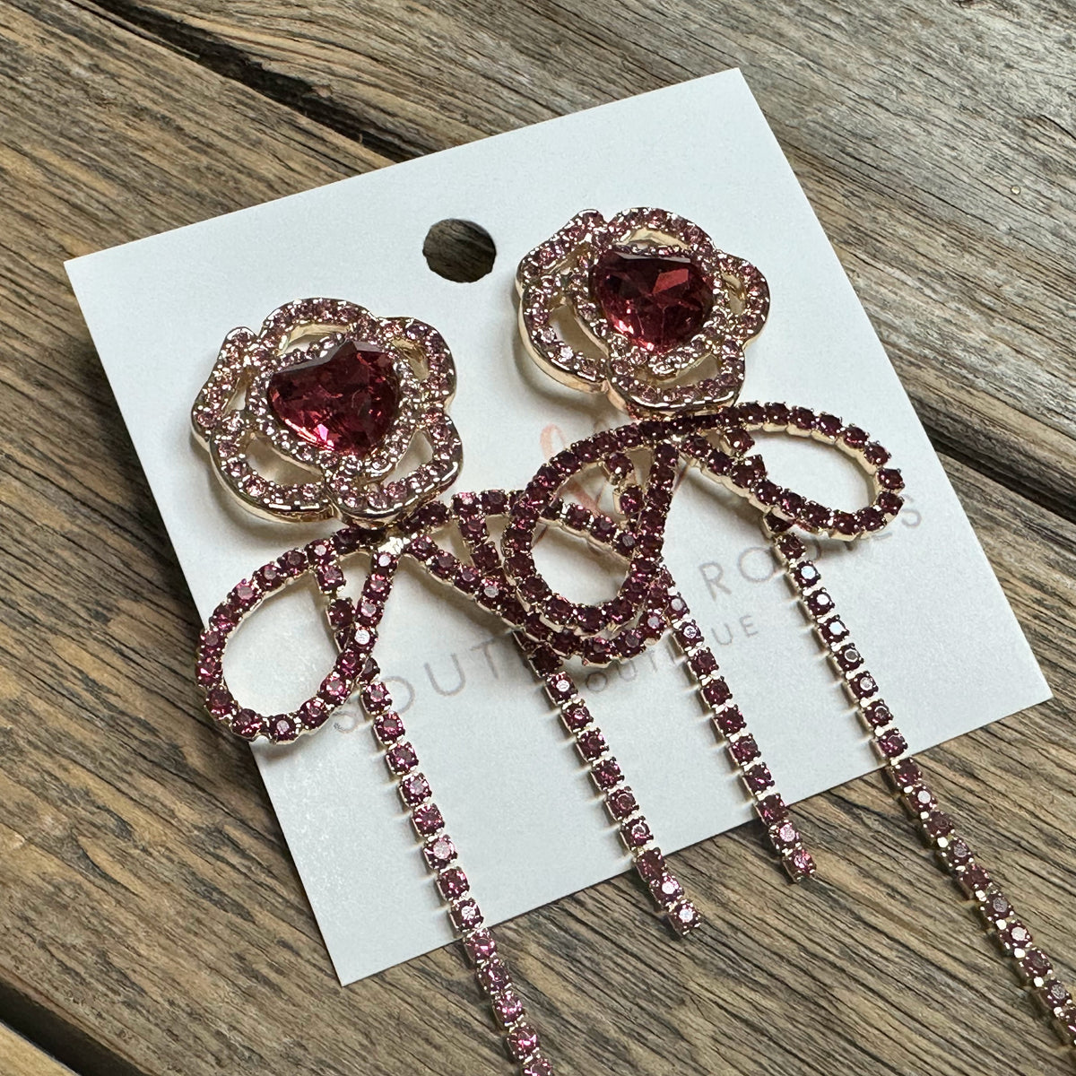 Rhinestone Rose Bow Tassel Earrings | Pink