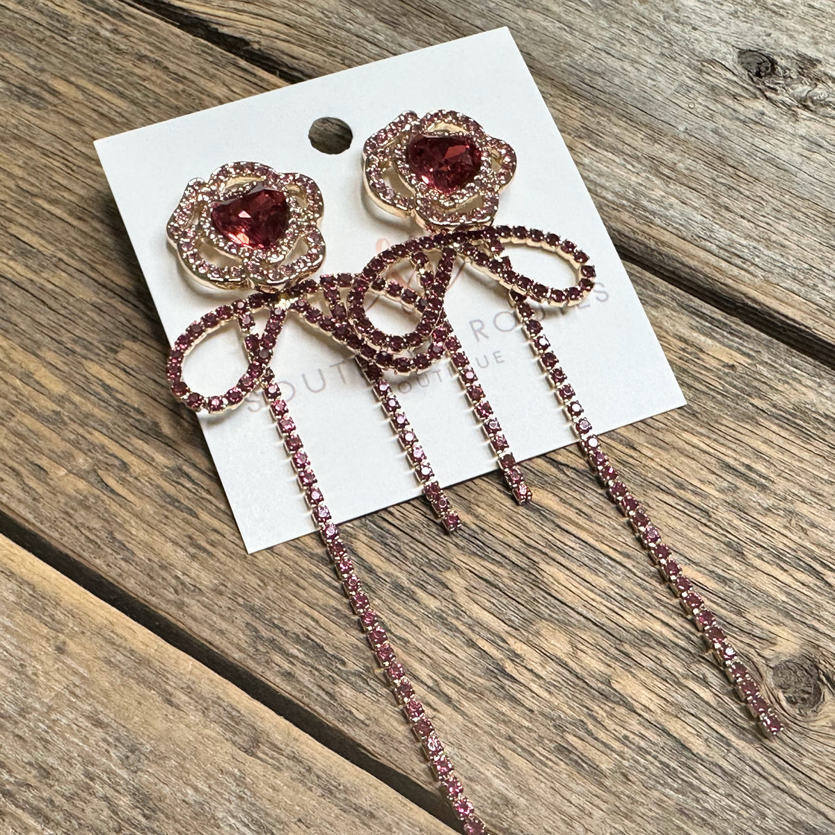 Rhinestone Rose Bow Tassel Earrings | Pink