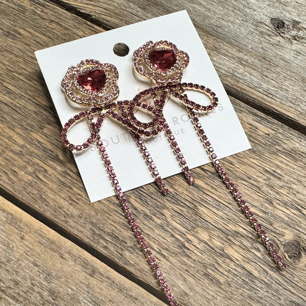 Rhinestone Rose Bow Tassel Earrings | Pink