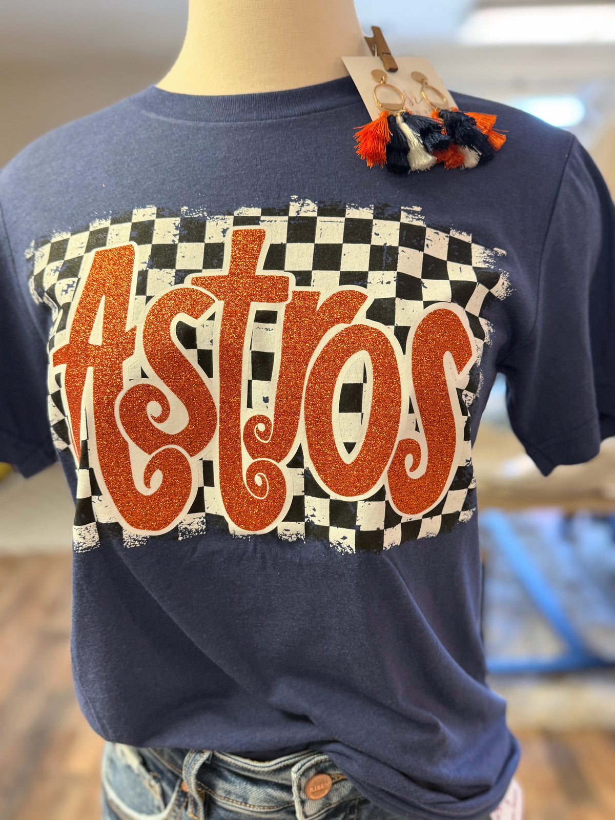 Astros Checkered Glitter Tee | Heather Navy