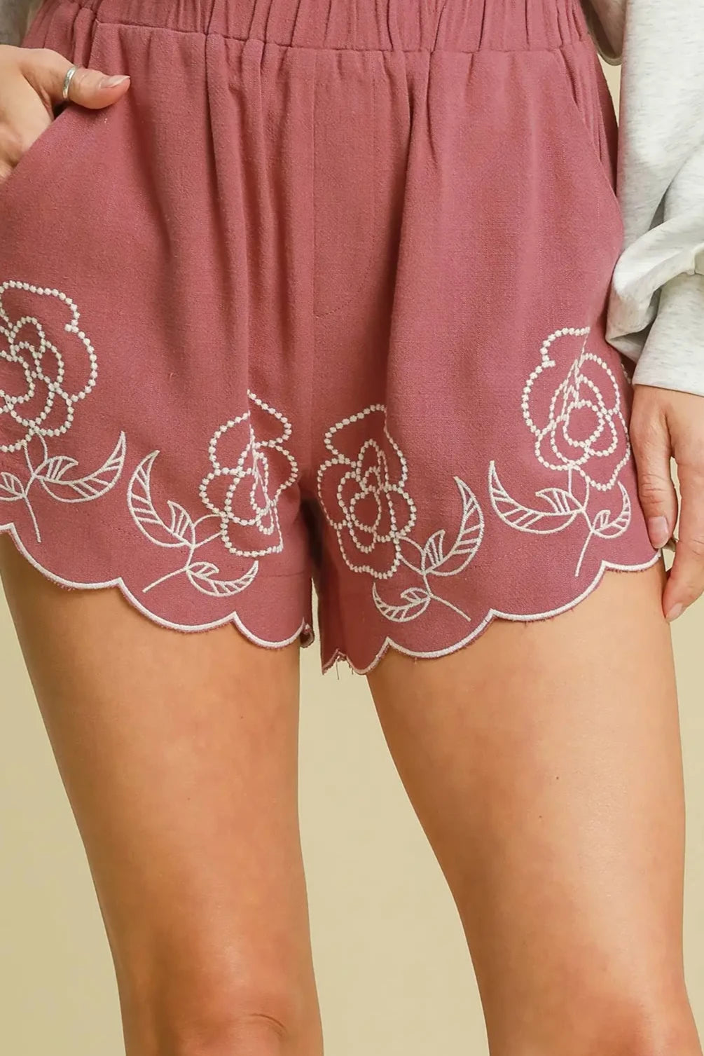 Linen Blend Floral Embroidered Shorts | Slate Rose