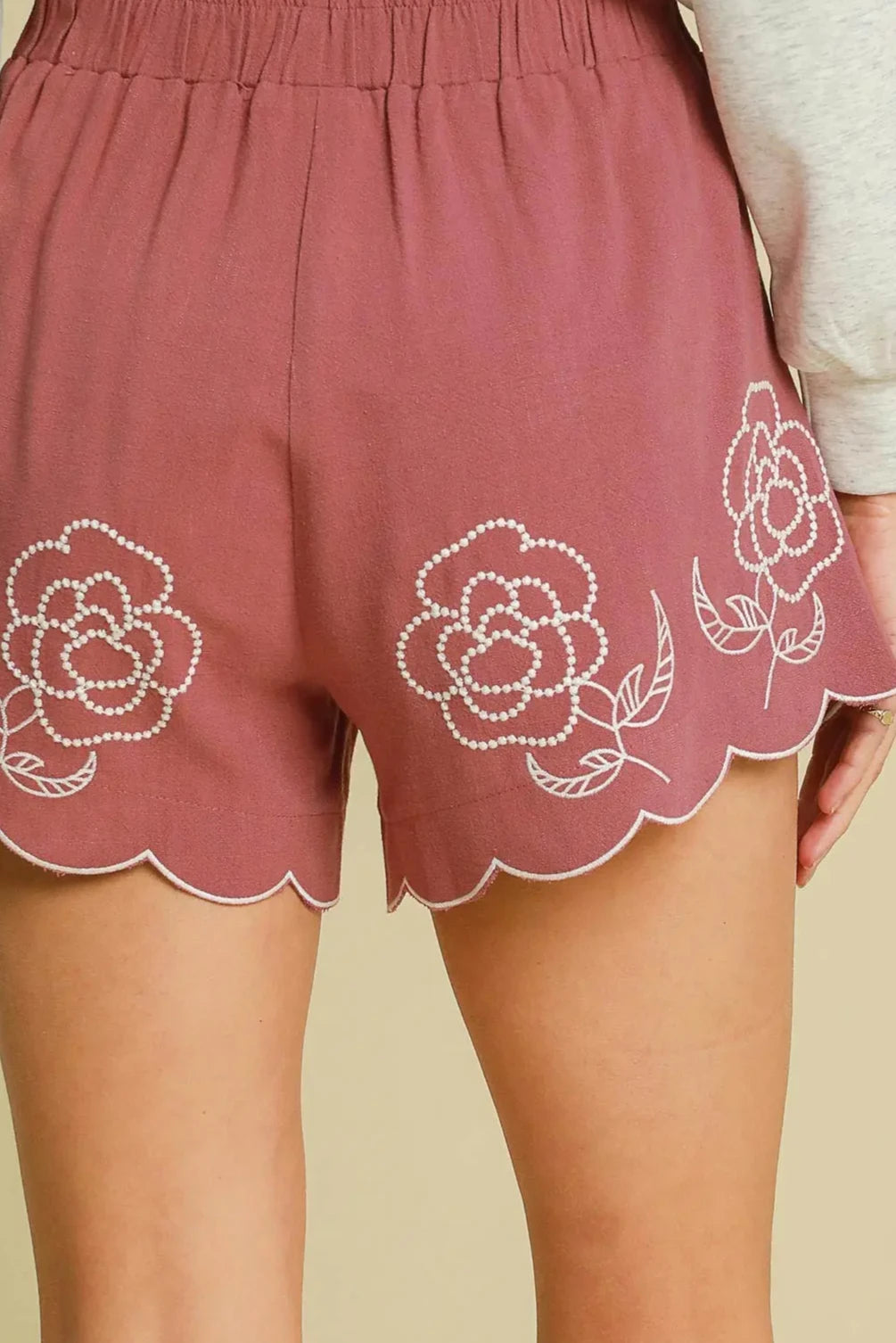 Linen Blend Floral Embroidered Shorts | Slate Rose