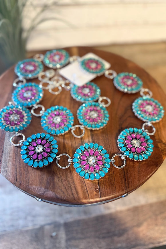Western Concho Belt | Pink+Turquoise Crystal