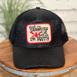 Feed Me Crawfish Ponytail Trucker Cap | Glitter Black