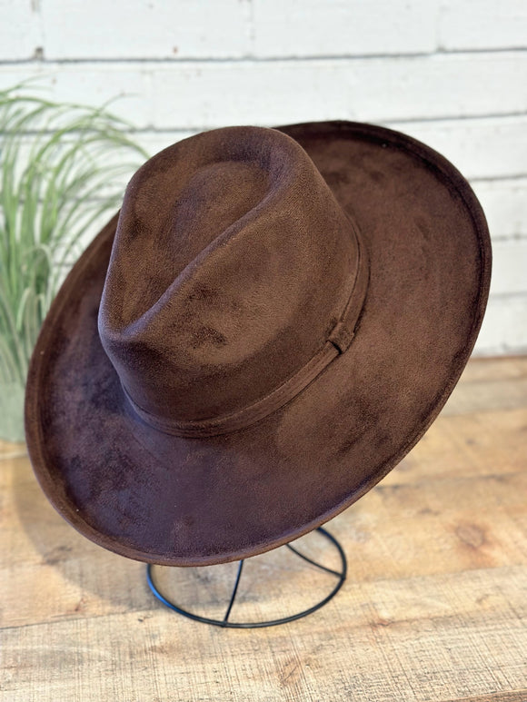 Vegan Suede Pencil Brim Rancher Hat | Chocolate