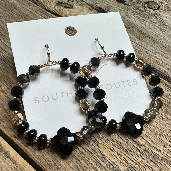Beaded Quatrefoil Circular Earrings | Black