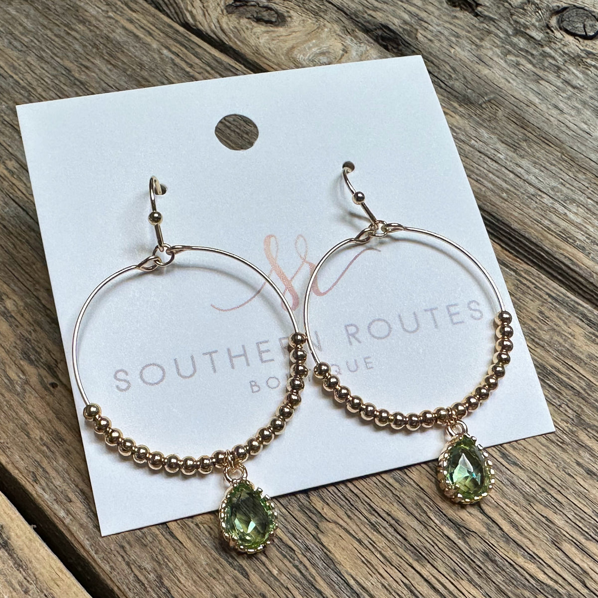 Teardrop Rhinestone Beaded Circle Earrings | Light Green
