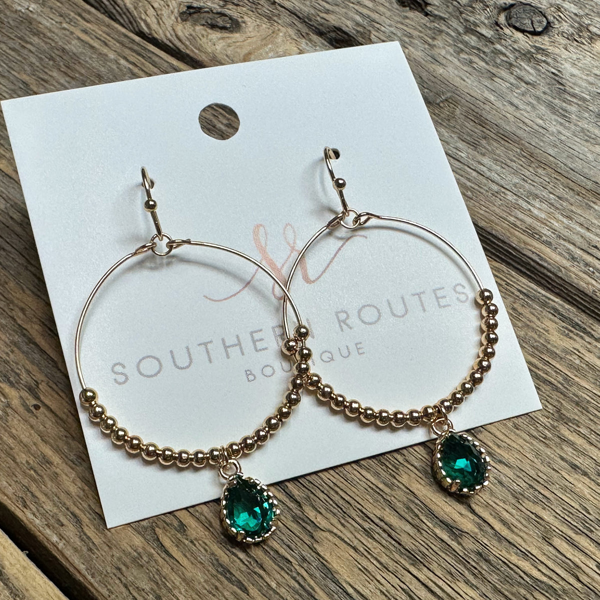 Teardrop Rhinestone Beaded Circle Earrings | Green