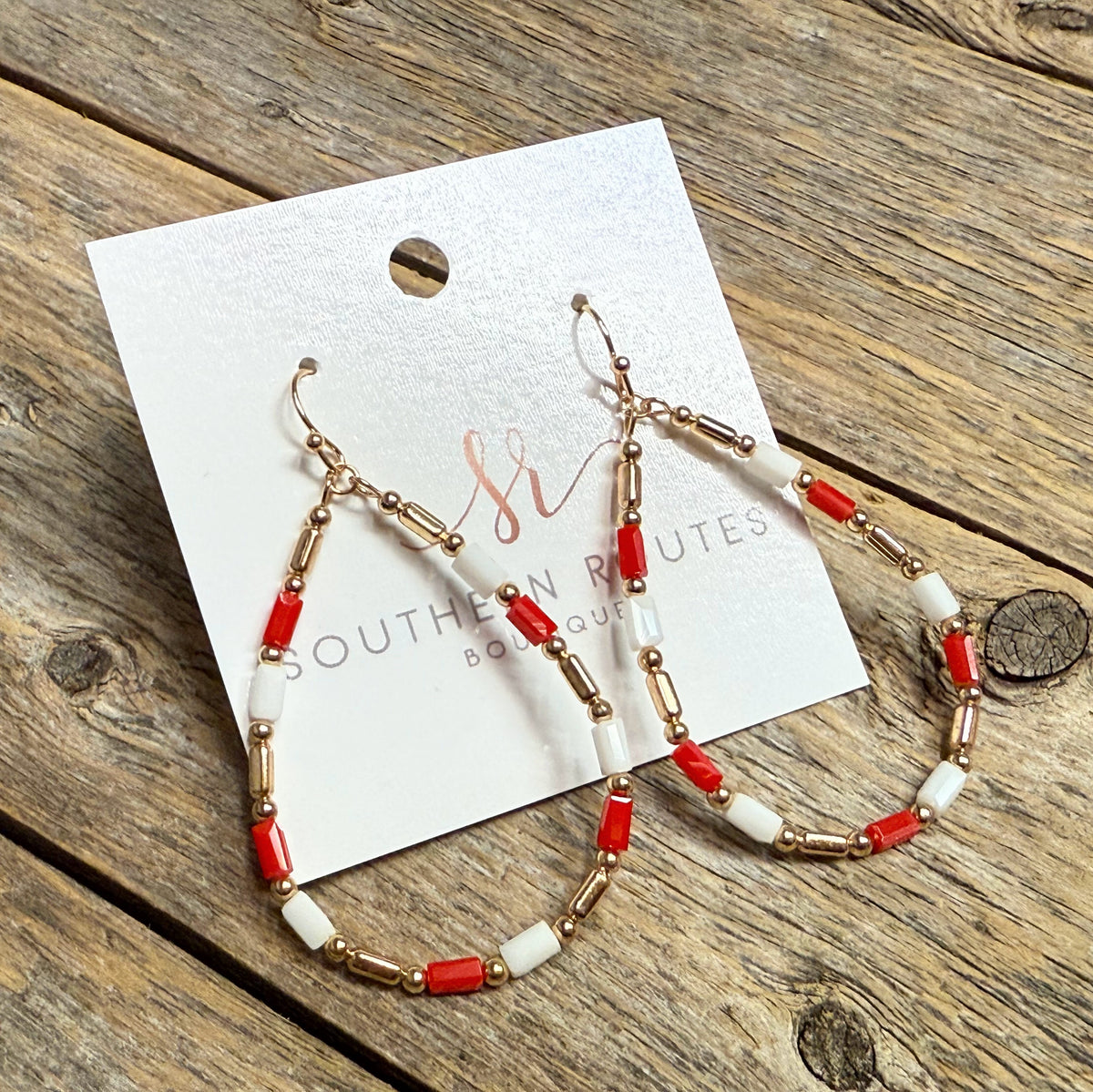 Beaded Teardrop Earrings | Red/White/Gold