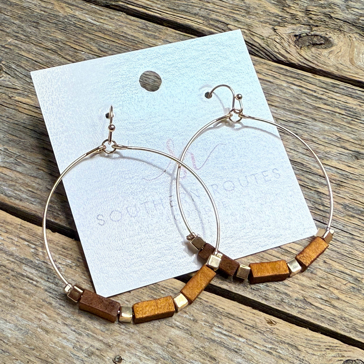 Wooden Beaded Hoop Earrings | Brown/Gold