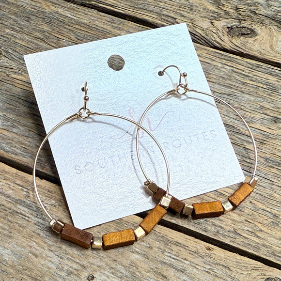 Wooden Beaded Hoop Earrings | Brown/Gold