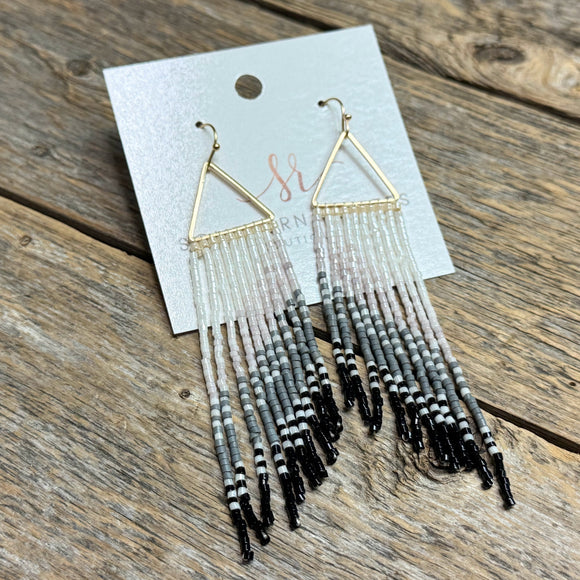 Triangle Seed Bead Fringe Earrings | Black Mix/Gold