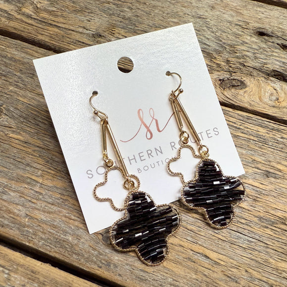 Black Beaded Double Quatrefoil Earrings | Gold
