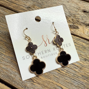 Black Dangle Double Quatrefoil Earrings | Gold