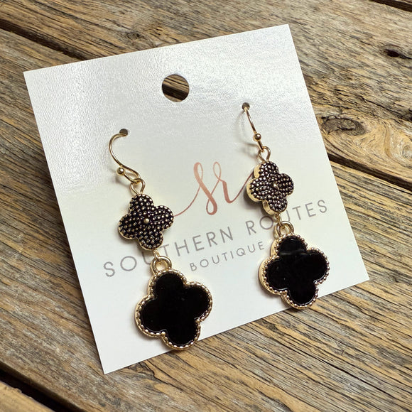Black Dangle Double Quatrefoil Earrings | Gold